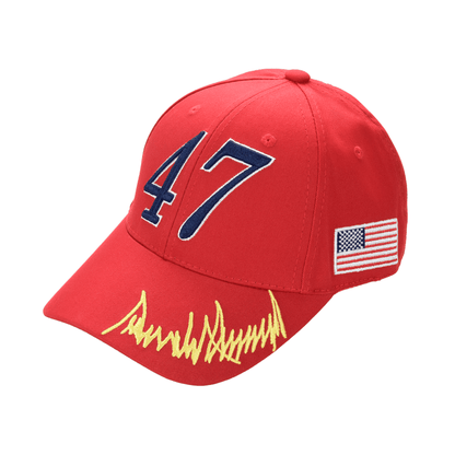 Trump 47 Cap – Red Cotton Twill Embroidered MAGA Hat with Presidential Seal, USA Flag & Signature - FORGEDnLOVE