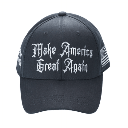 Gothic Dark MAGA Trump Cap – Black Cotton Twill, “Make America Great Again” Gothic Embroidery, Never Surrender Side, Flag & Trump Back - FORGEDnLOVE