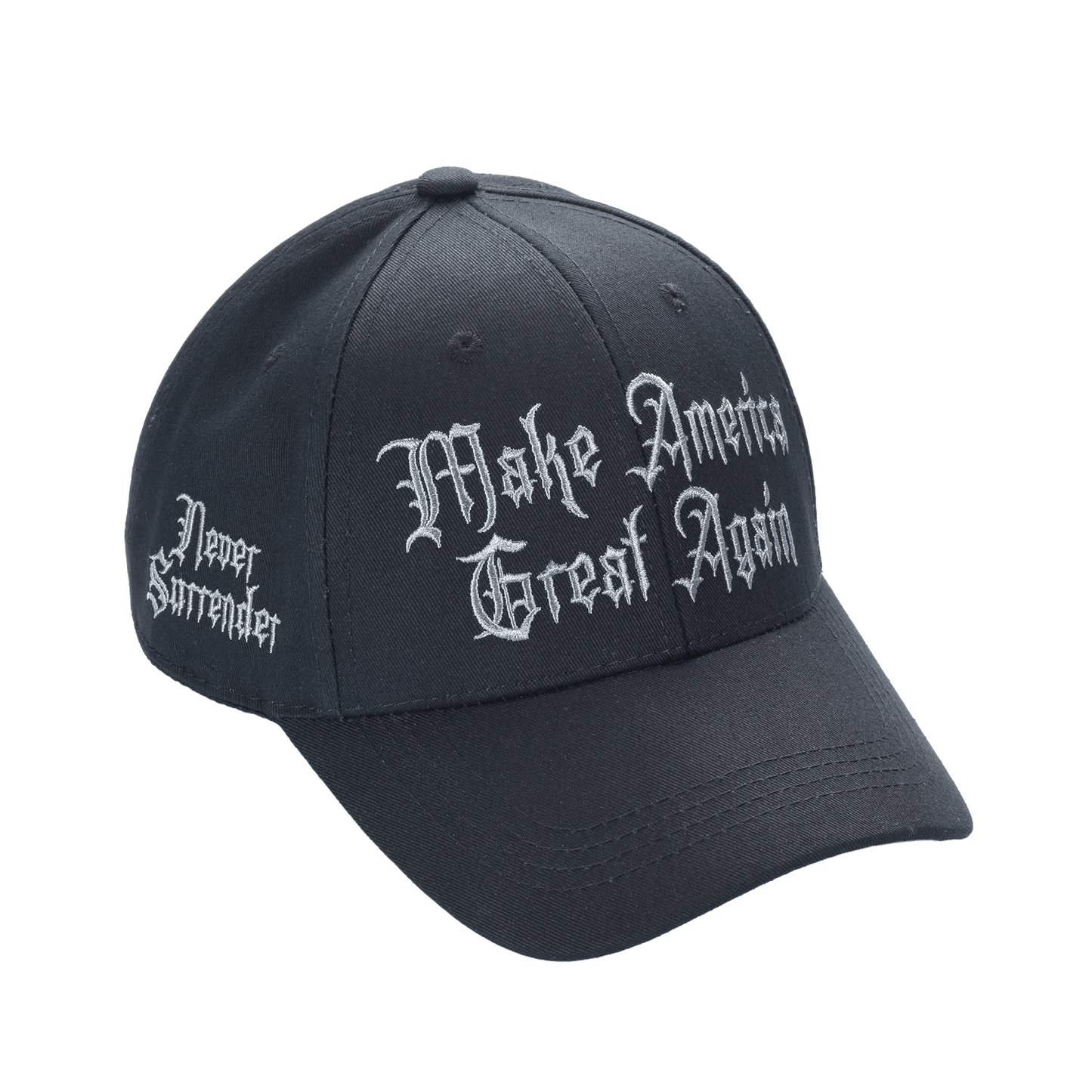 Gothic Dark MAGA Trump Cap – Black Cotton Twill, “Make America Great Again” Gothic Embroidery, Never Surrender Side, Flag & Trump Back - FORGEDnLOVE