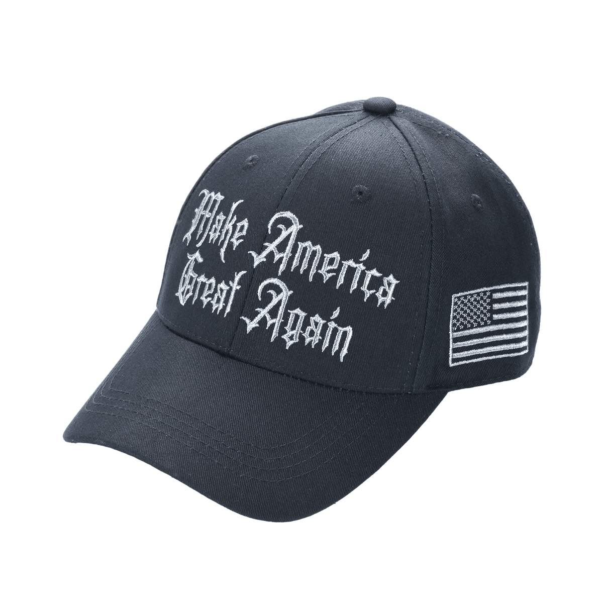 Gothic Dark MAGA Trump Cap – Black Cotton Twill, “Make America Great Again” Gothic Embroidery, Never Surrender Side, Flag & Trump Back - FORGEDnLOVE
