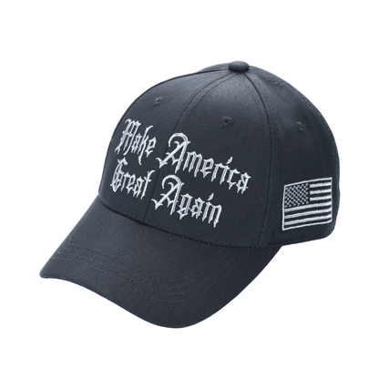 Gothic Dark MAGA Trump Cap – Black Cotton Twill, “Make America Great Again” Gothic Embroidery, Never Surrender Side, Flag & Trump Back - FORGEDnLOVE