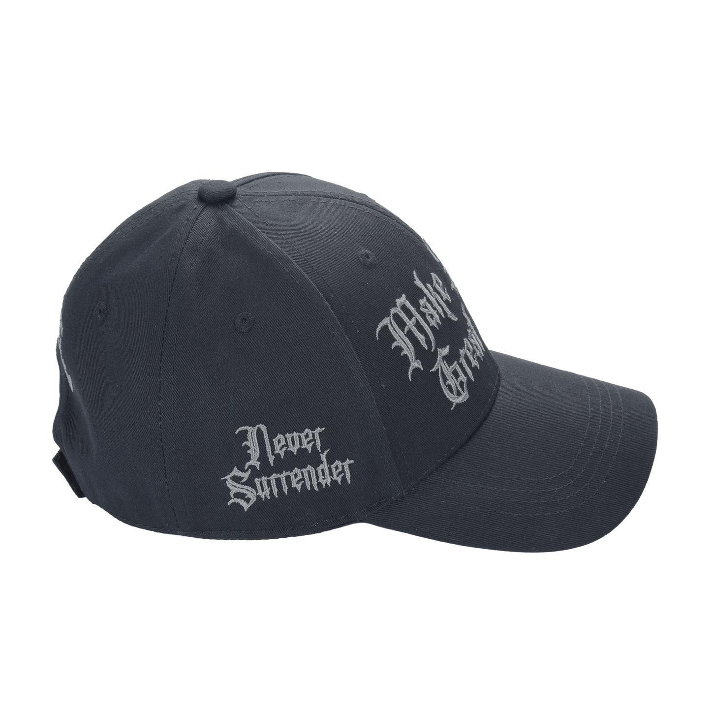 Gothic Dark MAGA Trump Cap – Black Cotton Twill, “Make America Great Again” Gothic Embroidery, Never Surrender Side, Flag & Trump Back - FORGEDnLOVE