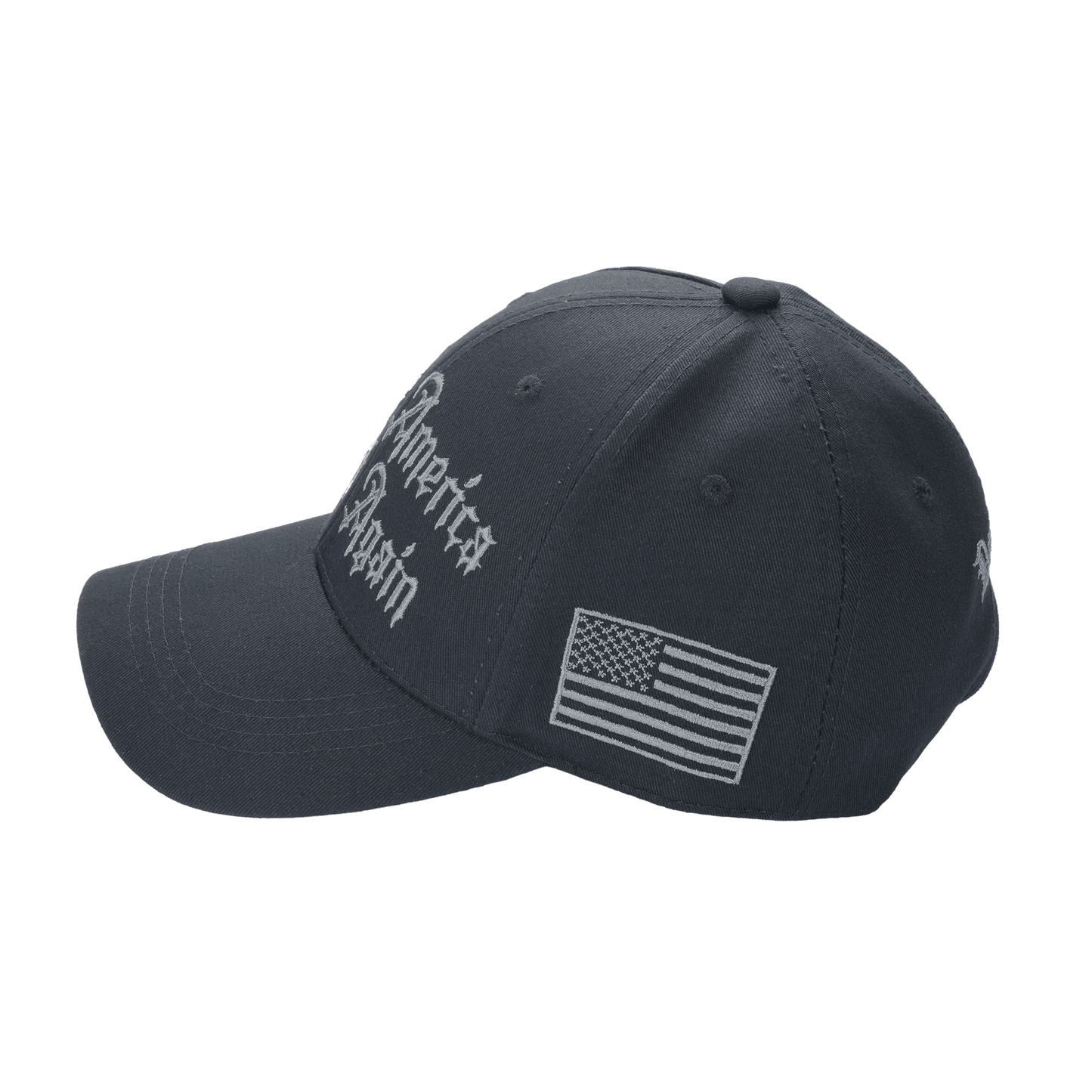 Gothic Dark MAGA Trump Cap – Black Cotton Twill, “Make America Great Again” Gothic Embroidery, Never Surrender Side, Flag & Trump Back - FORGEDnLOVE