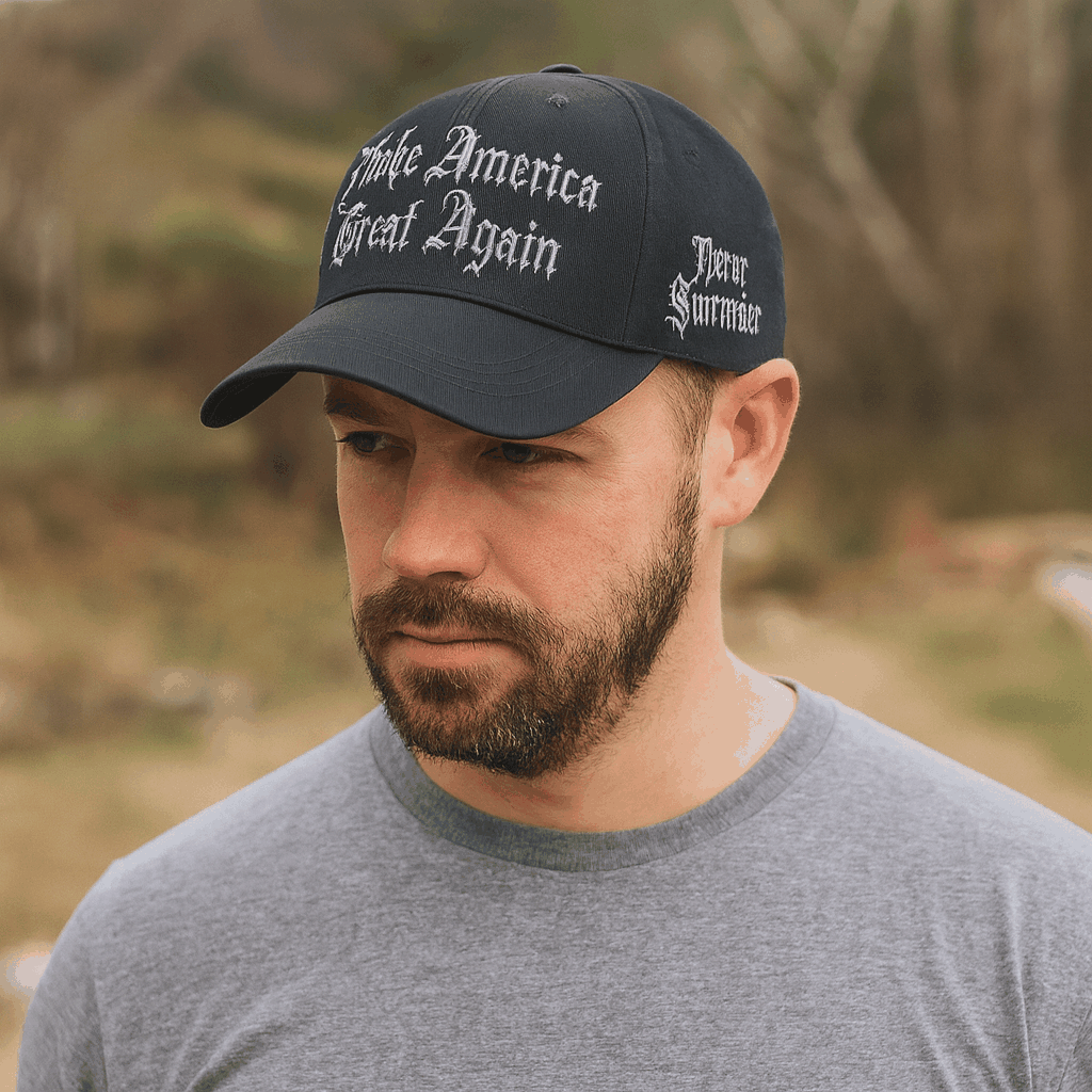 Gothic Dark MAGA Trump Cap – Black Cotton Twill, “Make America Great Again” Gothic Embroidery, Never Surrender Side, Flag & Trump Back - FORGEDnLOVE