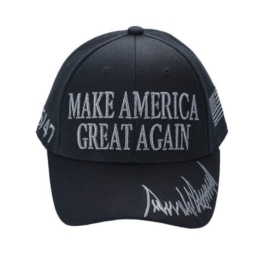Black MAGA Trump Cap – Classic All-Black Hat with Silver/Gray Embroidery, Adjustable Dad Hat - FORGEDnLOVE