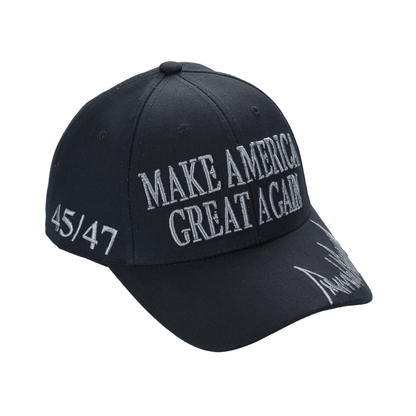 Black MAGA Trump Cap – Classic All-Black Hat with Silver/Gray Embroidery, Adjustable Dad Hat - FORGEDnLOVE