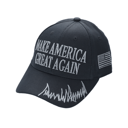Black MAGA Trump Cap – Classic All-Black Hat with Silver/Gray Embroidery, Adjustable Dad Hat - FORGEDnLOVE