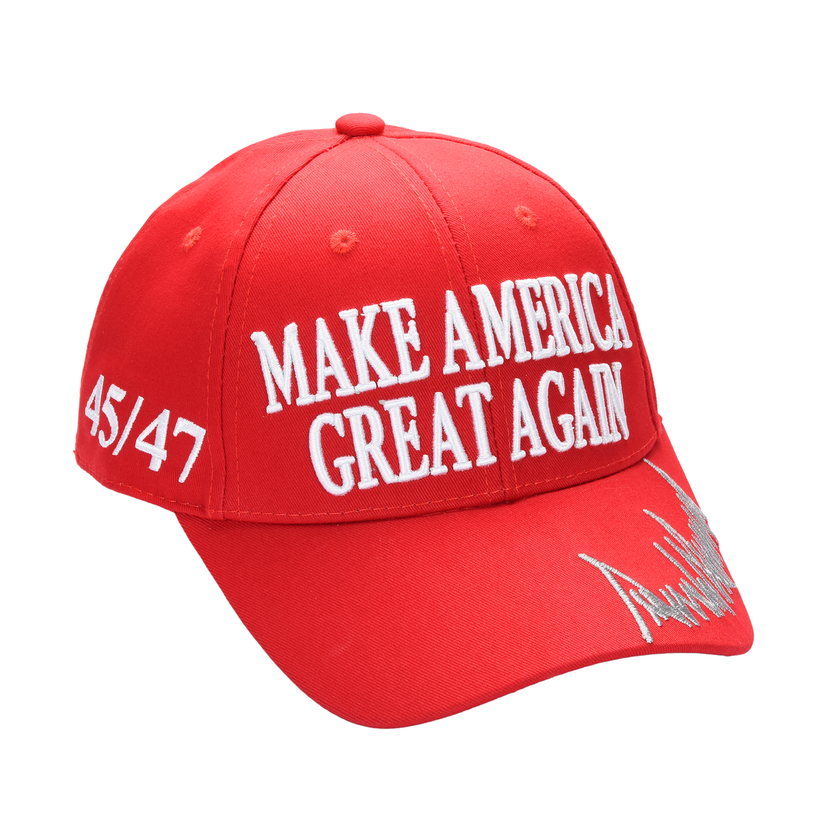 MAGA Baseball Cap with Silver Trump Signature Bill ‒ Patriotic Red Snapback Hat for Men & Women / Trump 45-47 - FORGEDnLOVE