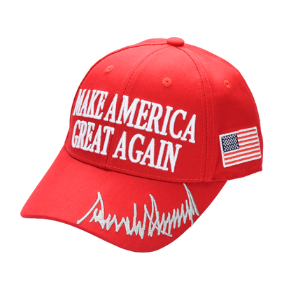 MAGA Baseball Cap with Silver Trump Signature Bill ‒ Patriotic Red Snapback Hat for Men & Women / Trump 45-47 - FORGEDnLOVE