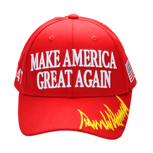 MAGA Baseball Cap with Trump Yellow Signature Bill ‒ Patriotic Red Snapback Hat for Men & Women / Trump 45-47 - FORGEDnLOVE