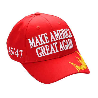 MAGA Baseball Cap with Trump Yellow Signature Bill ‒ Patriotic Red Snapback Hat for Men & Women / Trump 45-47 - FORGEDnLOVE