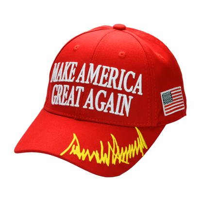 MAGA Baseball Cap with Trump Yellow Signature Bill ‒ Patriotic Red Snapback Hat for Men & Women / Trump 45-47 - FORGEDnLOVE