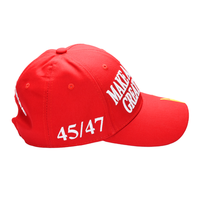 MAGA Baseball Cap with Trump Yellow Signature Bill ‒ Patriotic Red Snapback Hat for Men & Women / Trump 45-47 - FORGEDnLOVE