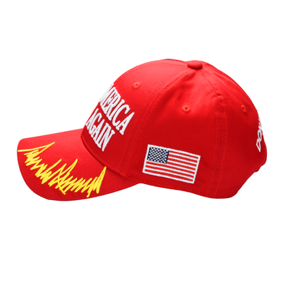 MAGA Baseball Cap with Trump Yellow Signature Bill ‒ Patriotic Red Snapback Hat for Men & Women / Trump 45-47 - FORGEDnLOVE
