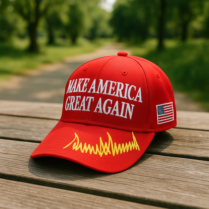 MAGA Baseball Cap with Trump Yellow Signature Bill ‒ Patriotic Red Snapback Hat for Men & Women / Trump 45-47 - FORGEDnLOVE