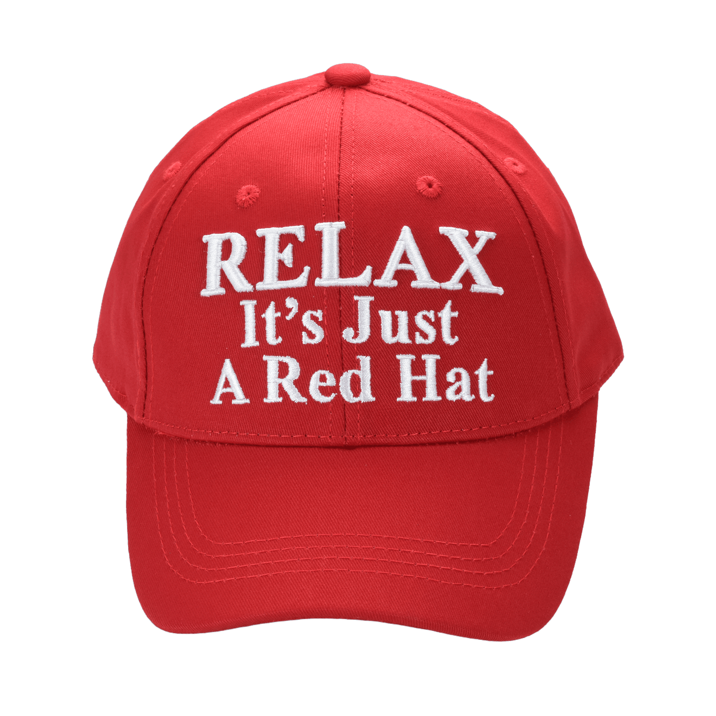 Relax It’s Just a Red Hat – Funny Parody Baseball Cap, Embroidered Cotton Twill, Adjustable Hook-and-Loop Strap - FORGEDnLOVE