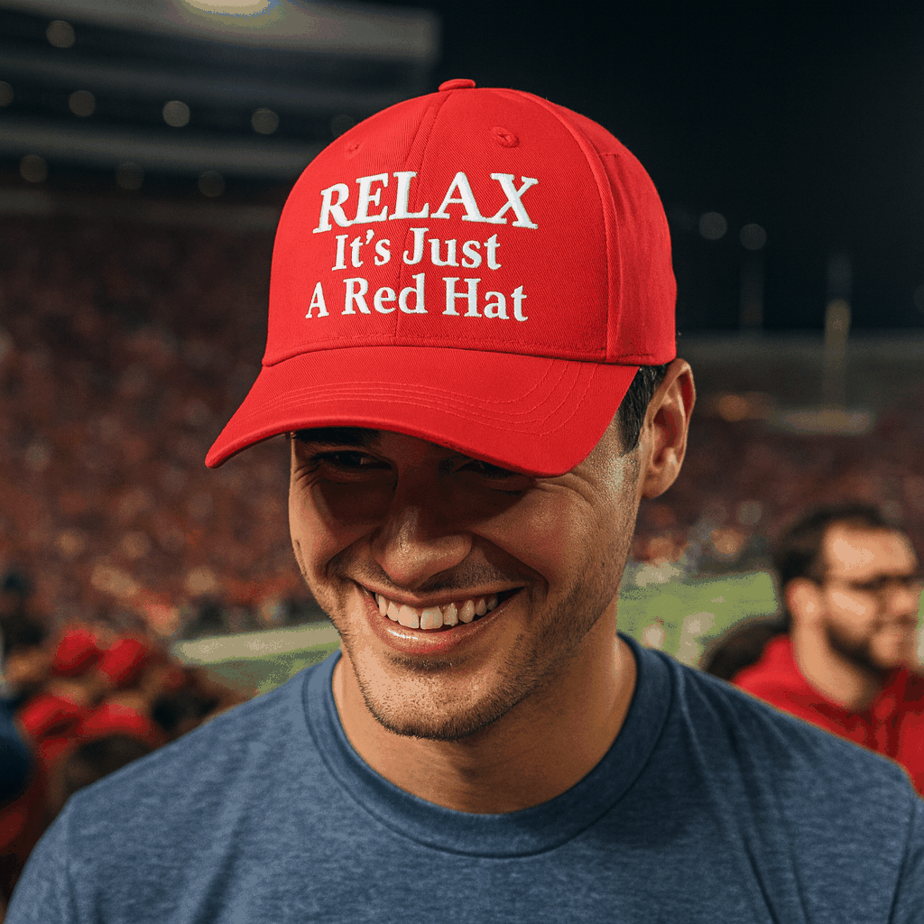 Relax It’s Just a Red Hat – Funny Parody Baseball Cap, Embroidered Cotton Twill, Adjustable Hook-and-Loop Strap - FORGEDnLOVE