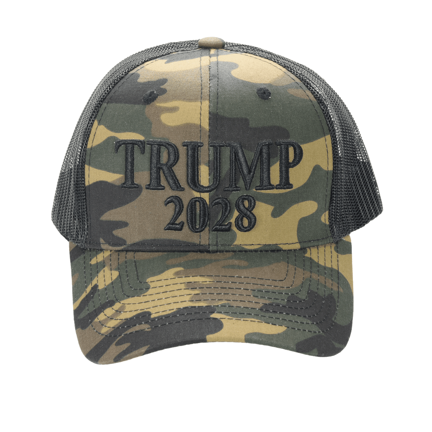 Trump 2028 Camo Trucker Cap – Patriotic Mesh Back MAGA Hat, Adjustable Snapback - FORGEDnLOVE