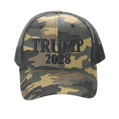 Trump 2028 Camo Trucker Cap – Patriotic Mesh Back MAGA Hat, Adjustable Snapback - FORGEDnLOVE