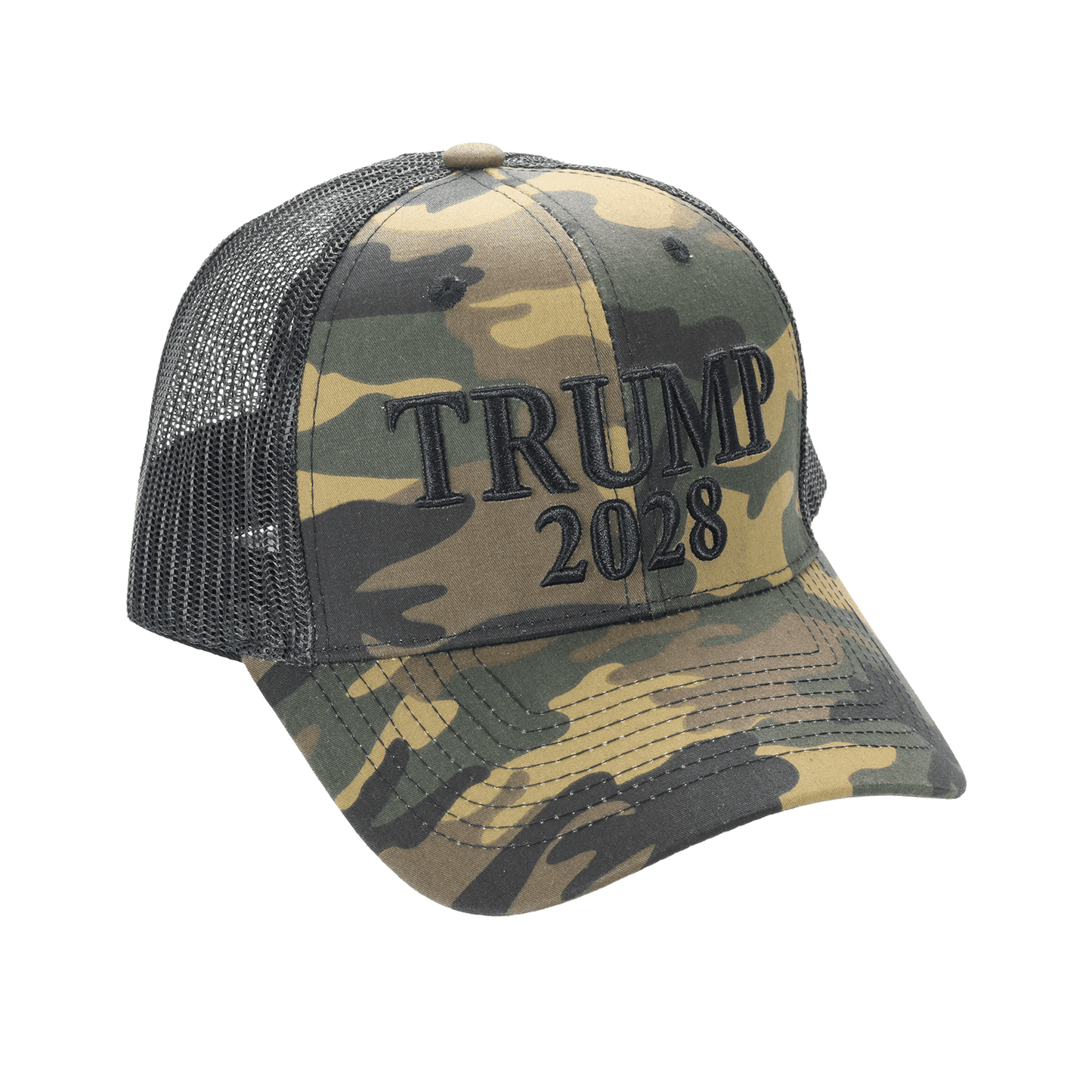 Trump 2028 Camo Trucker Cap – Patriotic Mesh Back MAGA Hat, Adjustable Snapback - FORGEDnLOVE