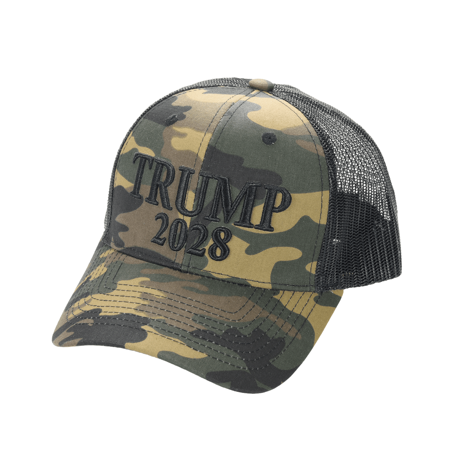 Trump 2028 Camo Trucker Cap – Patriotic Mesh Back MAGA Hat, Adjustable Snapback - FORGEDnLOVE