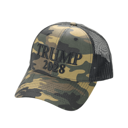 Trump 2028 Camo Trucker Cap – Patriotic Mesh Back MAGA Hat, Adjustable Snapback - FORGEDnLOVE