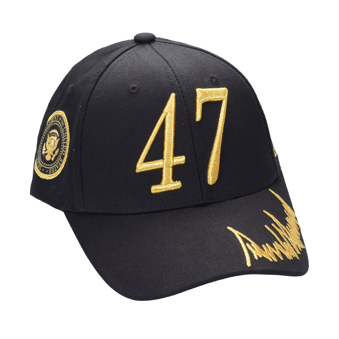Trump 47 Black Cap with Gold Embroidery – Hook & Loop Adjustable Patriotic Hat - FORGEDnLOVE