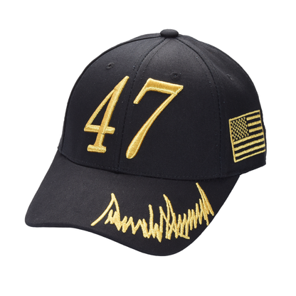 Trump 47 Black Cap with Gold Embroidery – Hook & Loop Adjustable Patriotic Hat - FORGEDnLOVE