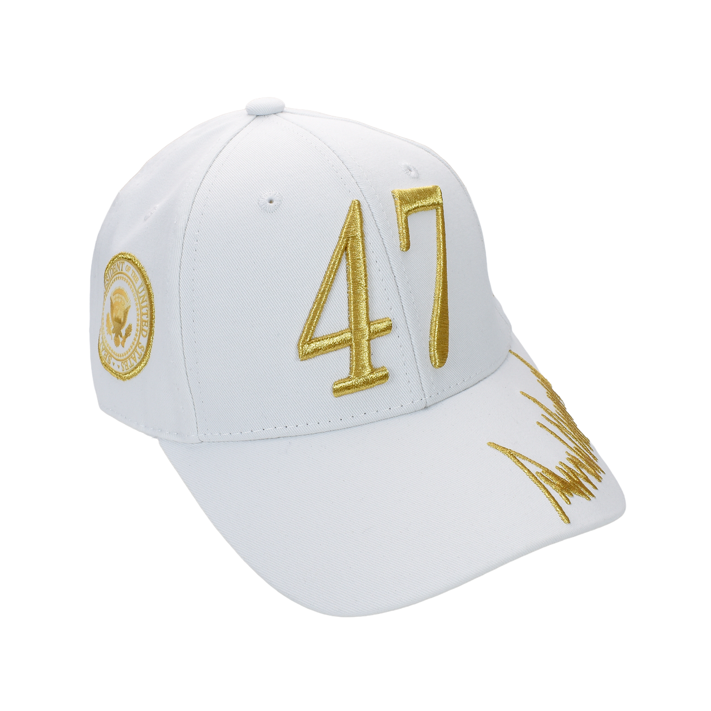 Trump 47 White Cap with Gold Embroidery – Hook & Loop Adjustable Patriotic Hat - FORGEDnLOVE