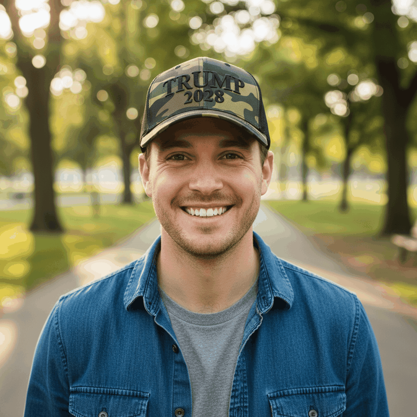 Trump 2028 Camo Trucker Cap – Patriotic Mesh Back MAGA Hat, Adjustable Snapback - FORGEDnLOVE