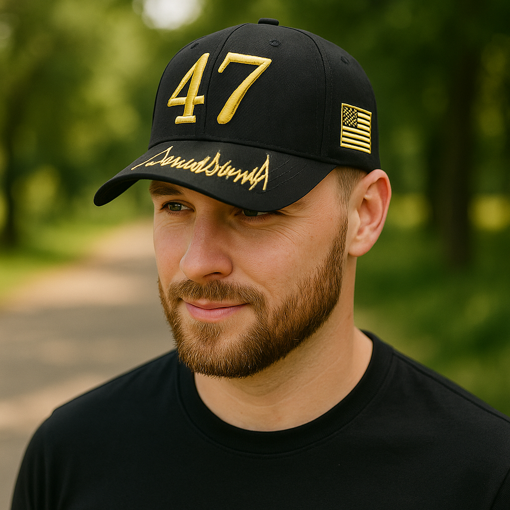 Trump 47 Black Cap with Gold Embroidery – Hook & Loop Adjustable Patriotic Hat - FORGEDnLOVE