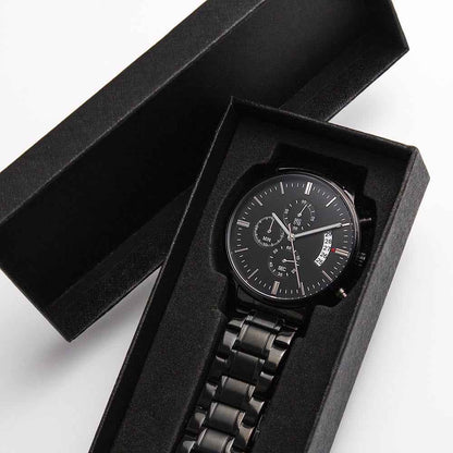 Veteran Strong™ Black Chronograph Steel Watch | Engraved Military Tribute Timepiece