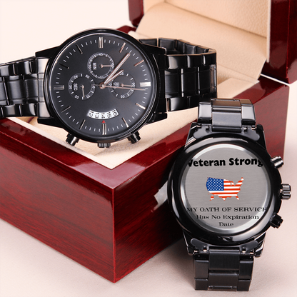 Veteran Strong™ Black Chronograph Steel Watch | Engraved Military Tribute Timepiece - FORGEDnLOVE