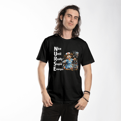 Funny Nurse T-Shirt – “NURSE: Nice Until Really Stupid Emerges” | Savage Nurse Humor Tee | RN Gift | Healthcare Worker Shirt Saving lives. Losing patience. Wearing this shirt. - FORGEDnLOVE