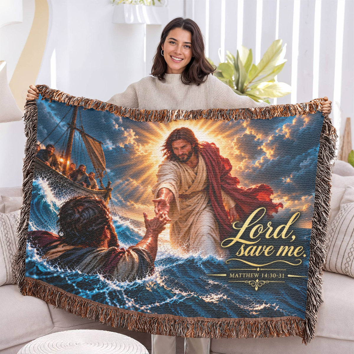 Lord, Save Me – Jesus & Peter Christian Woven Blanket | Matthew 14:30 Faith Gift