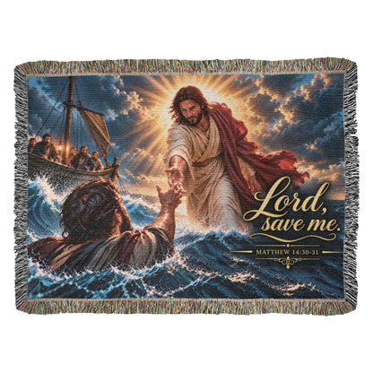 Lord, Save Me – Jesus & Peter Christian Woven Blanket | Matthew 14:30 Faith Gift
