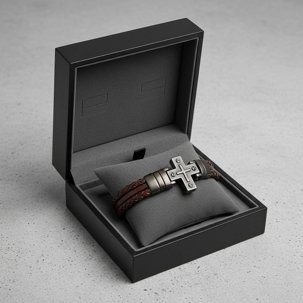 standard box for a braided men's bracelet with a steel cross.
