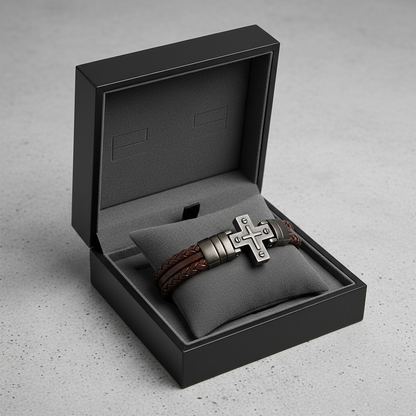 standard box for a braided men's bracelet with a steel cross.